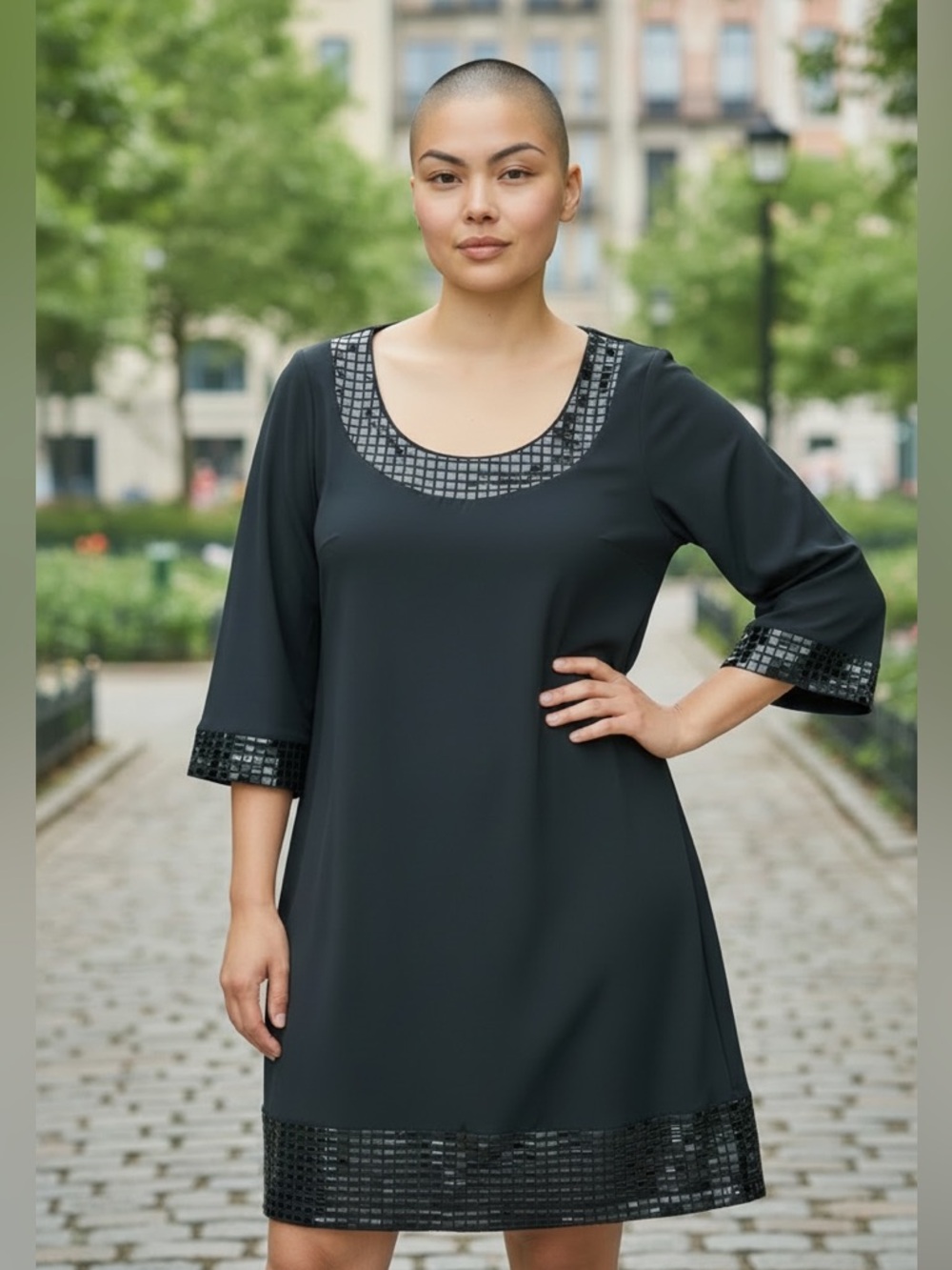 Tiana B pullover scoop neck black shift dress with textured embellishments, sz S